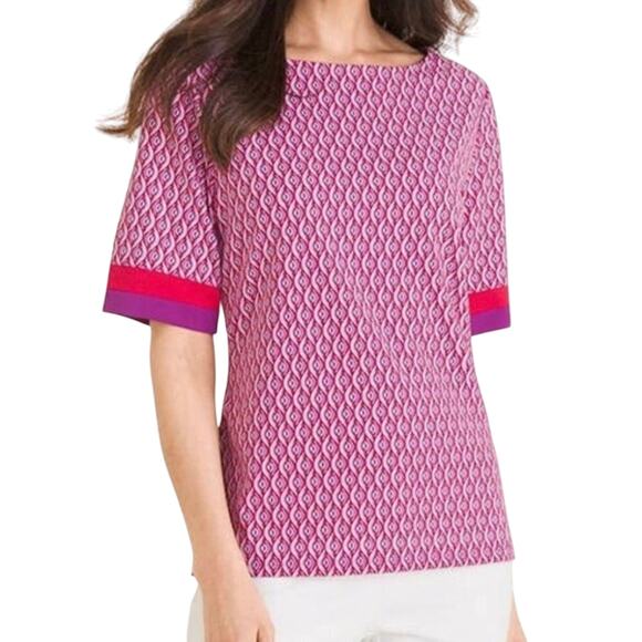 Chico’s Geometric Print Top With Colorblock Trim Size Medium (Chico’s size 1) - Picture 1 of 9